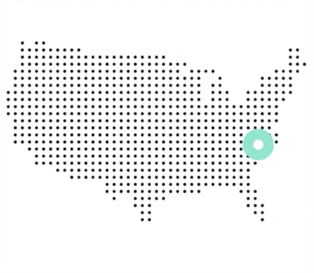 Dot map of the USA with a blue circle on North Carolina