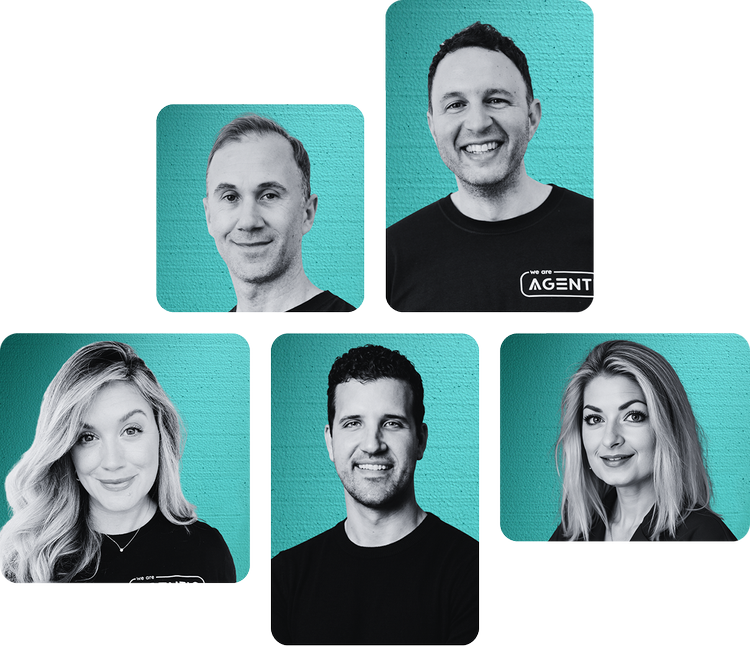 Collage of five black and white portraits of smiling people against teal textured backgrounds. The top right person wears a t-shirt with 'we are AGENT' logo. The bottom left woman has long wavy hair, and the bottom right woman has shoulder-length straight hair.