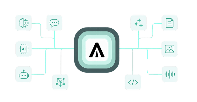 Infographic illustrating artificial intelligence and machine learning concepts with icons representing neural networks, AI, chatbots, data visualization, coding, and speech recognition connected to a central AI logo.