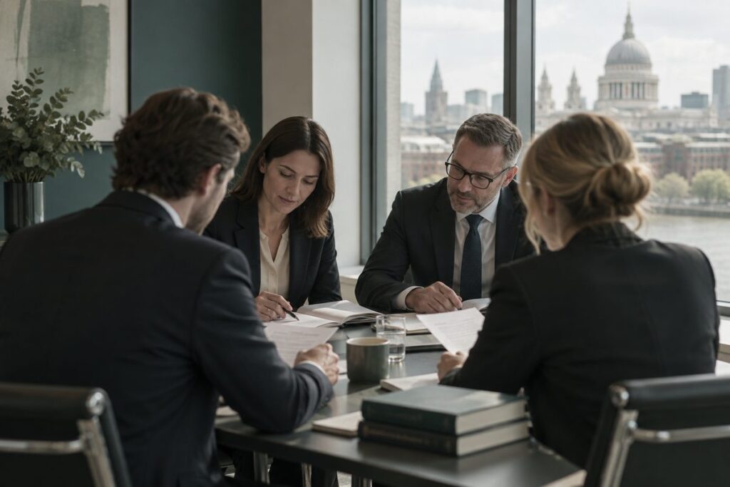 Four colleagues working through documents around a boardroom table in London