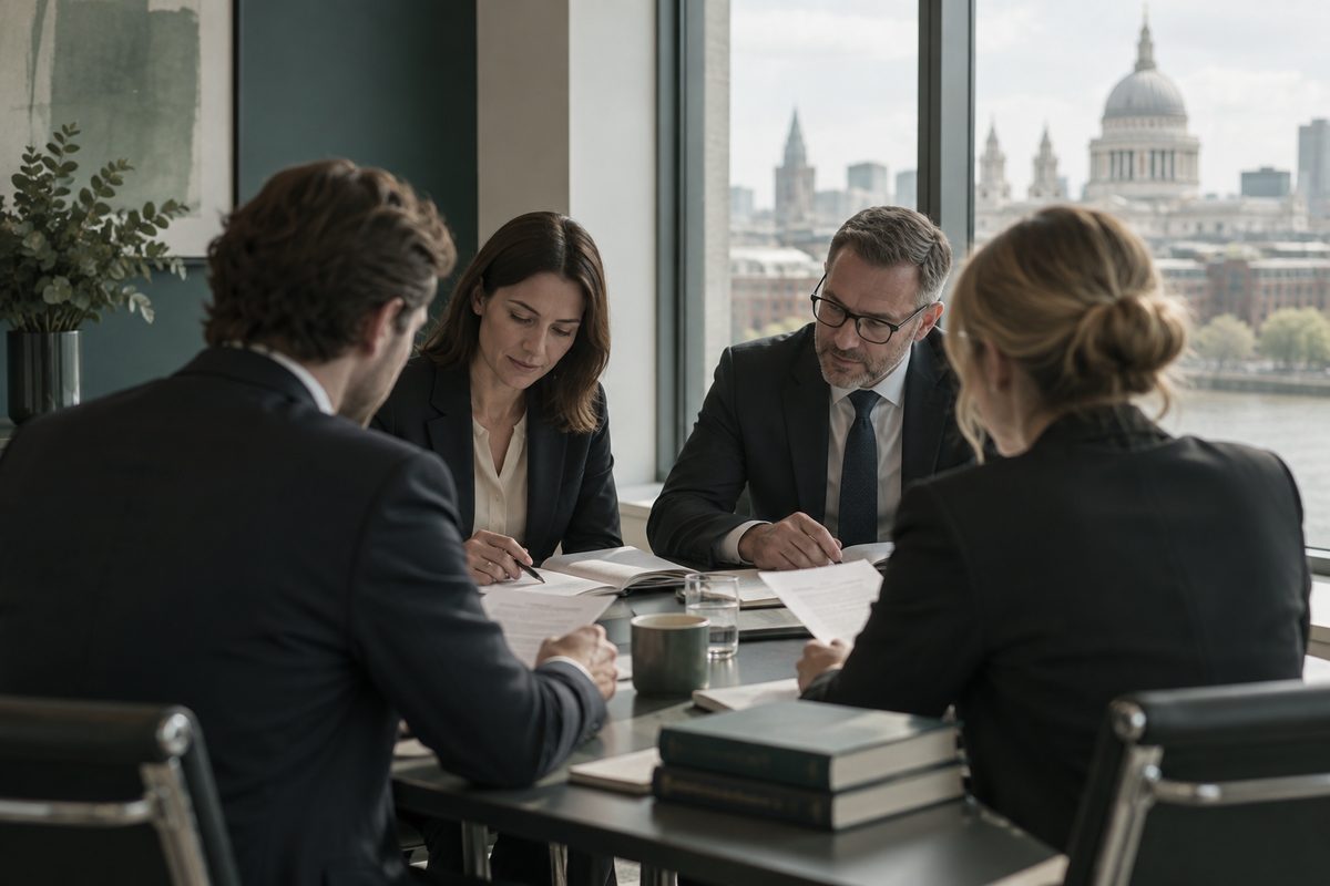 Four colleagues working through documents around a boardroom table in London