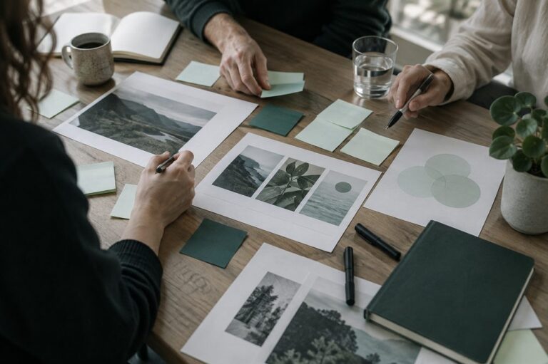 A team reviewing printed workflow maps on a table