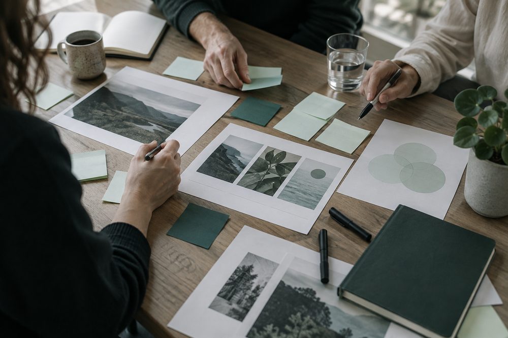 A team reviewing printed workflow maps on a table